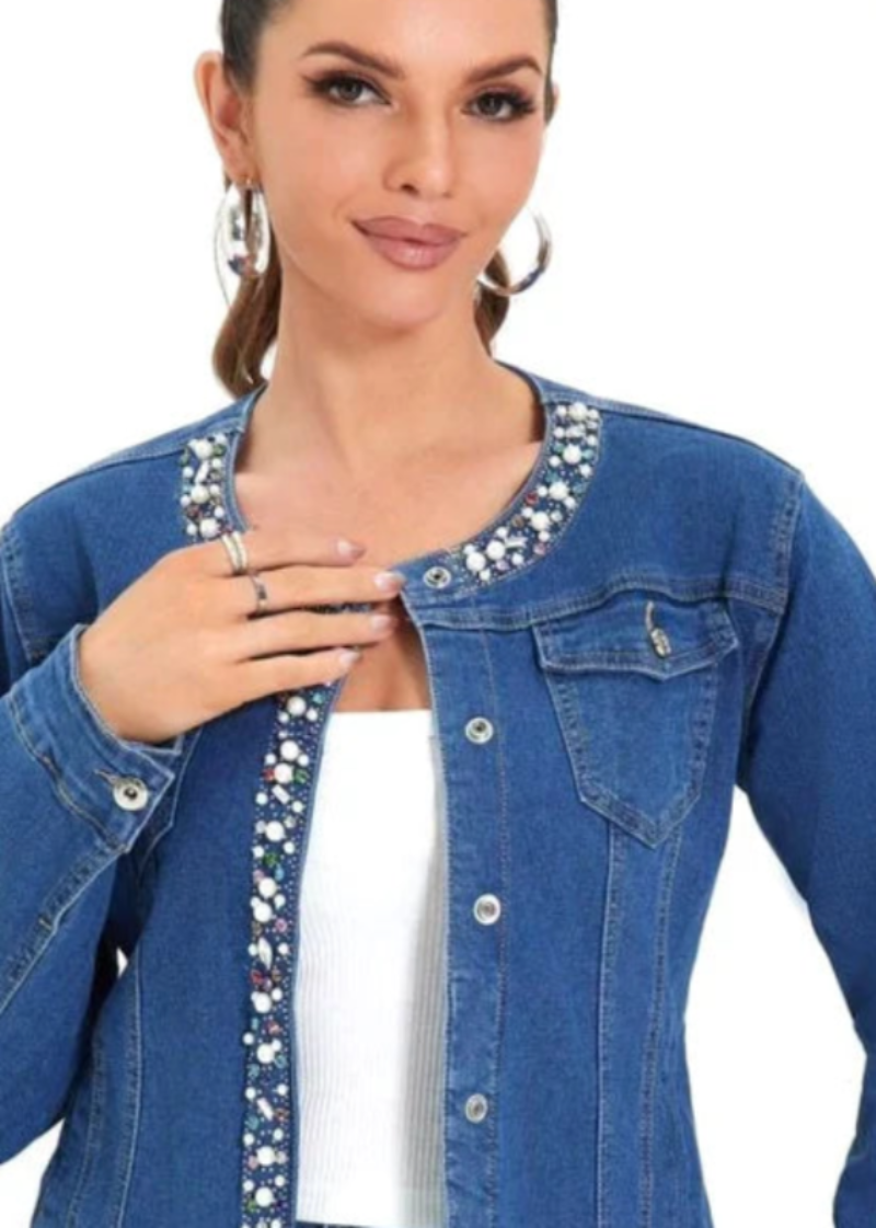 Denim jacket shops with pearl trim