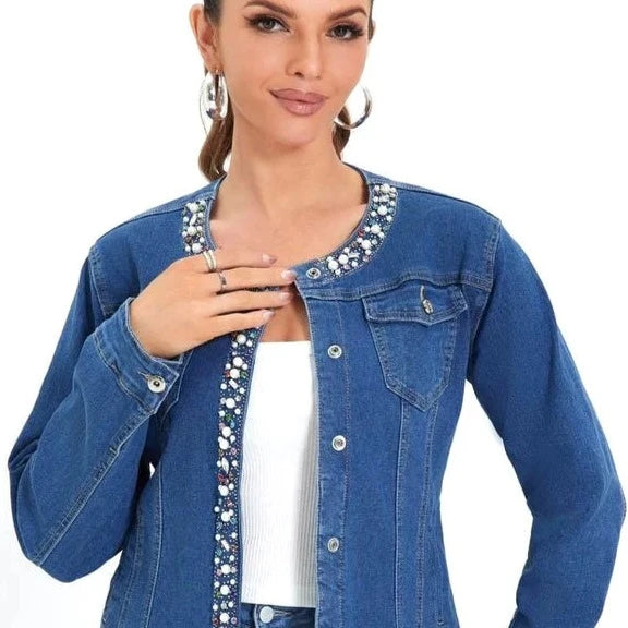 Ladies denim jacket with pearls hotsell