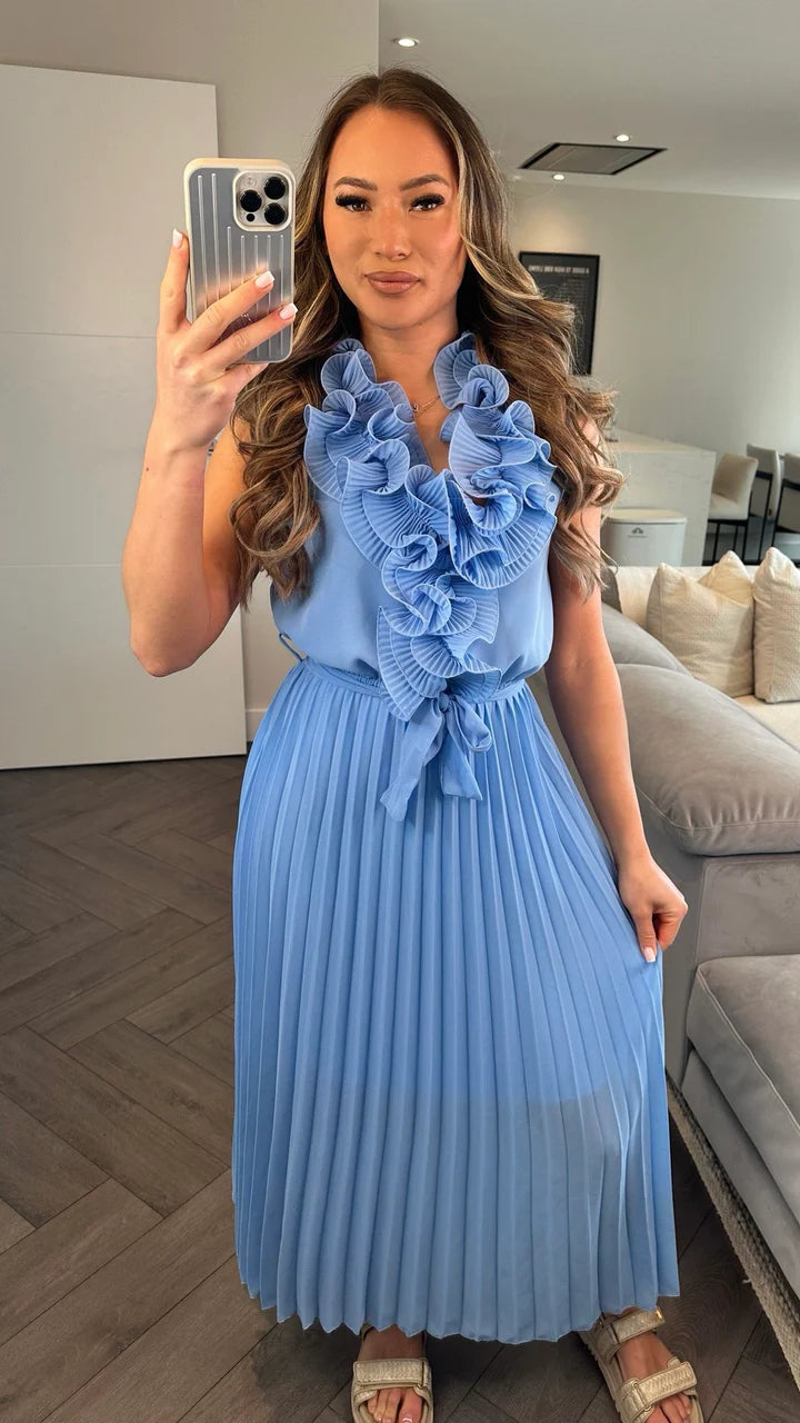 Dress Blue Pleated with Frill Top Lady C Boutique